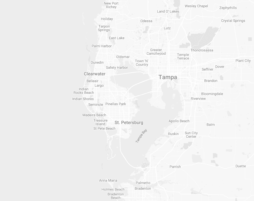 Map of the Greater Tampa Bay service area, from New Port Richey and Wesley Chapel in the north through Tampa, Clearwater, and St. Petersburg, down to Bradenton and Parrish.