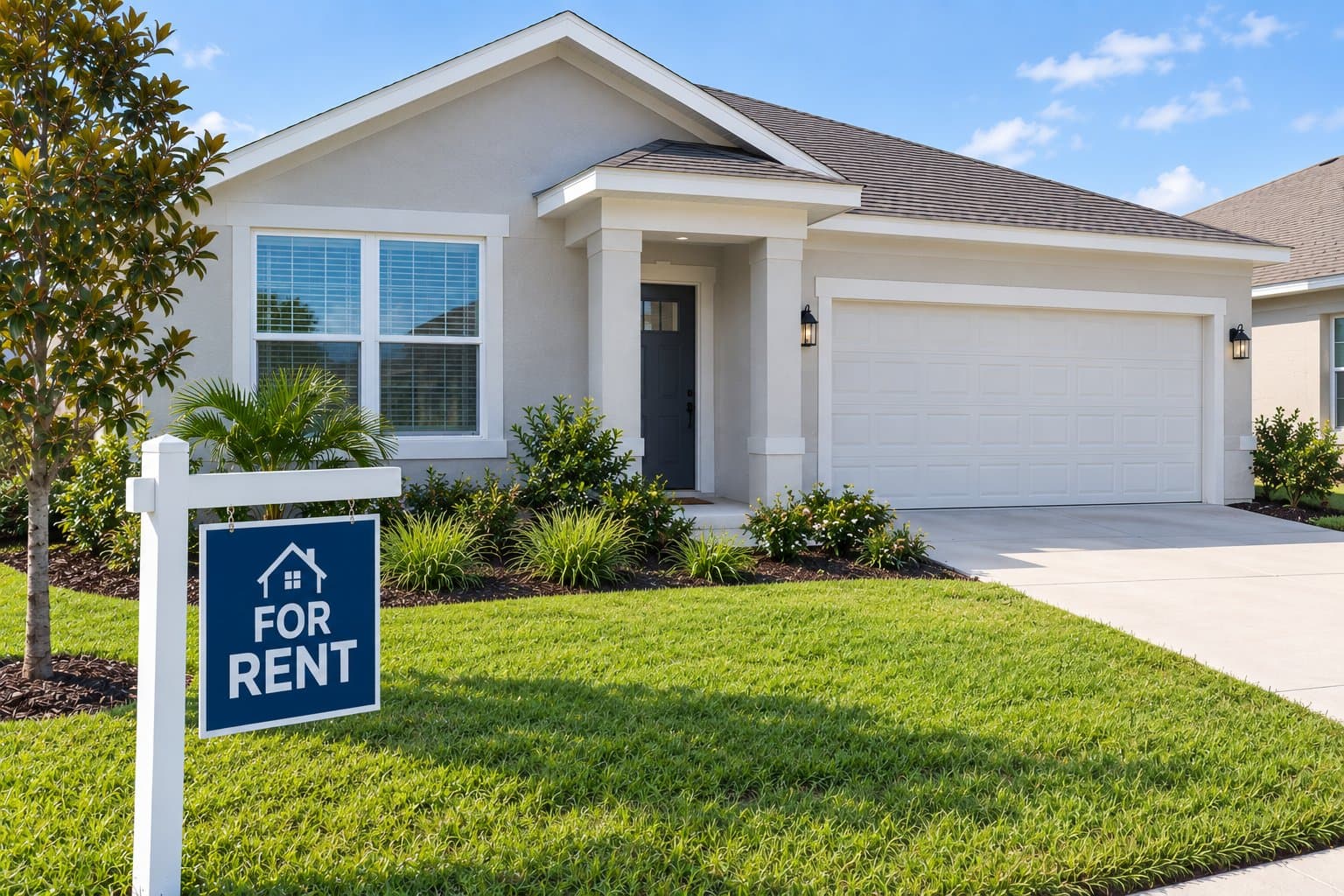 For rent sign in the front yard of a single-family home in Tampa Bay