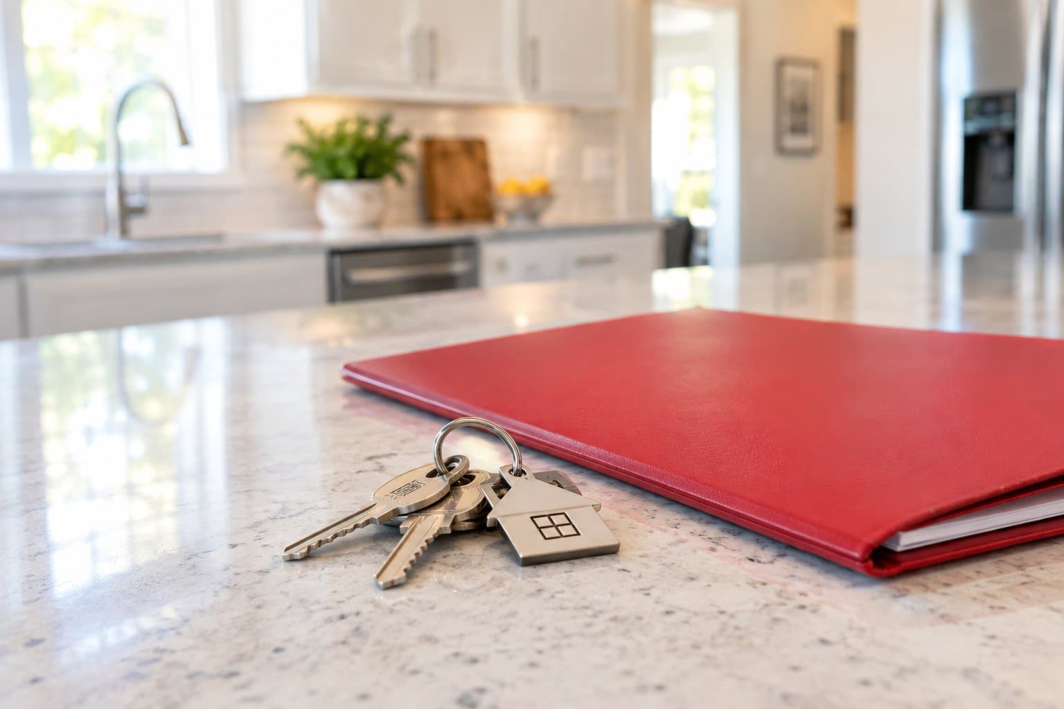 house keys on a kitchen counter with a red folder