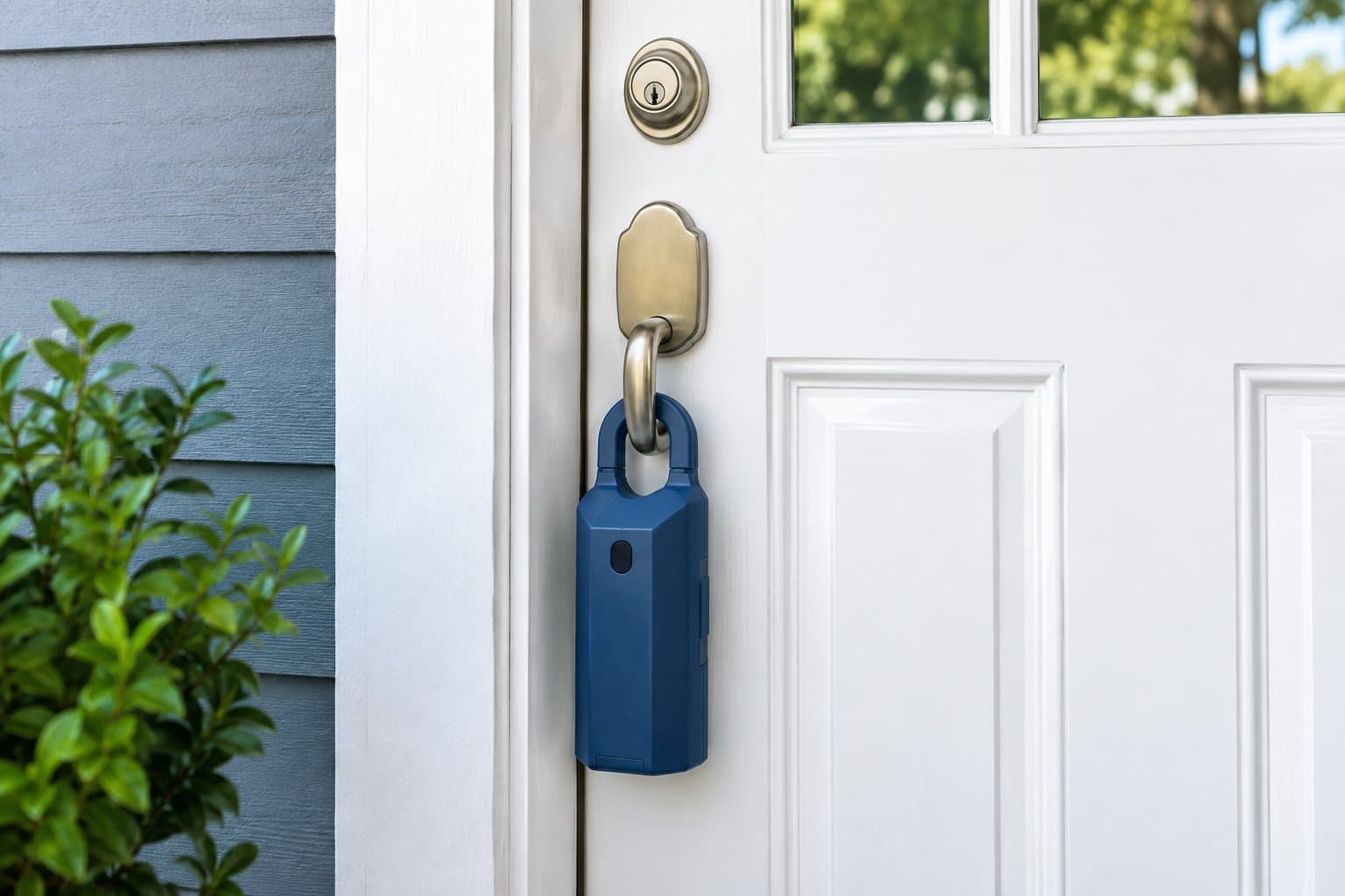 Front door with a real estate lockbox on the handle